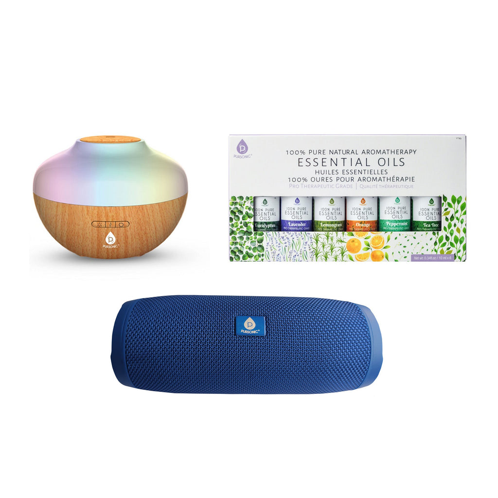 Pursonic Aromatherapy Diffuser, Essential Oils & 360° Wireless Speaker Set