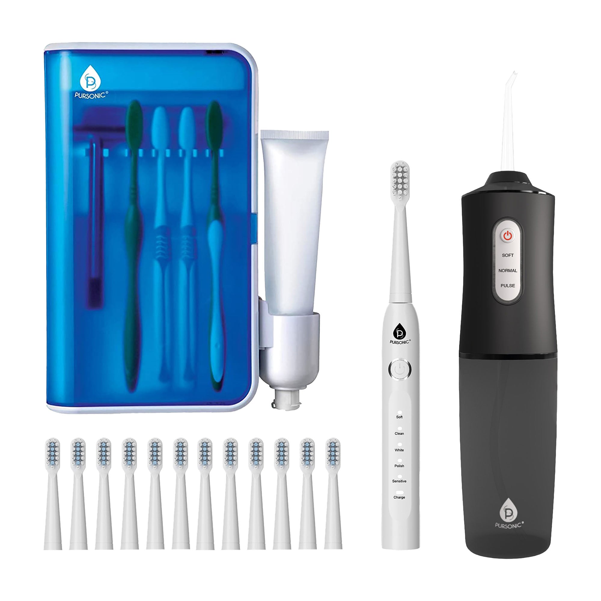 Complete Oral Care Bundle - Sonic Toothbrush + Water Flosser + UV Sanitizer with 12 Brush Heads