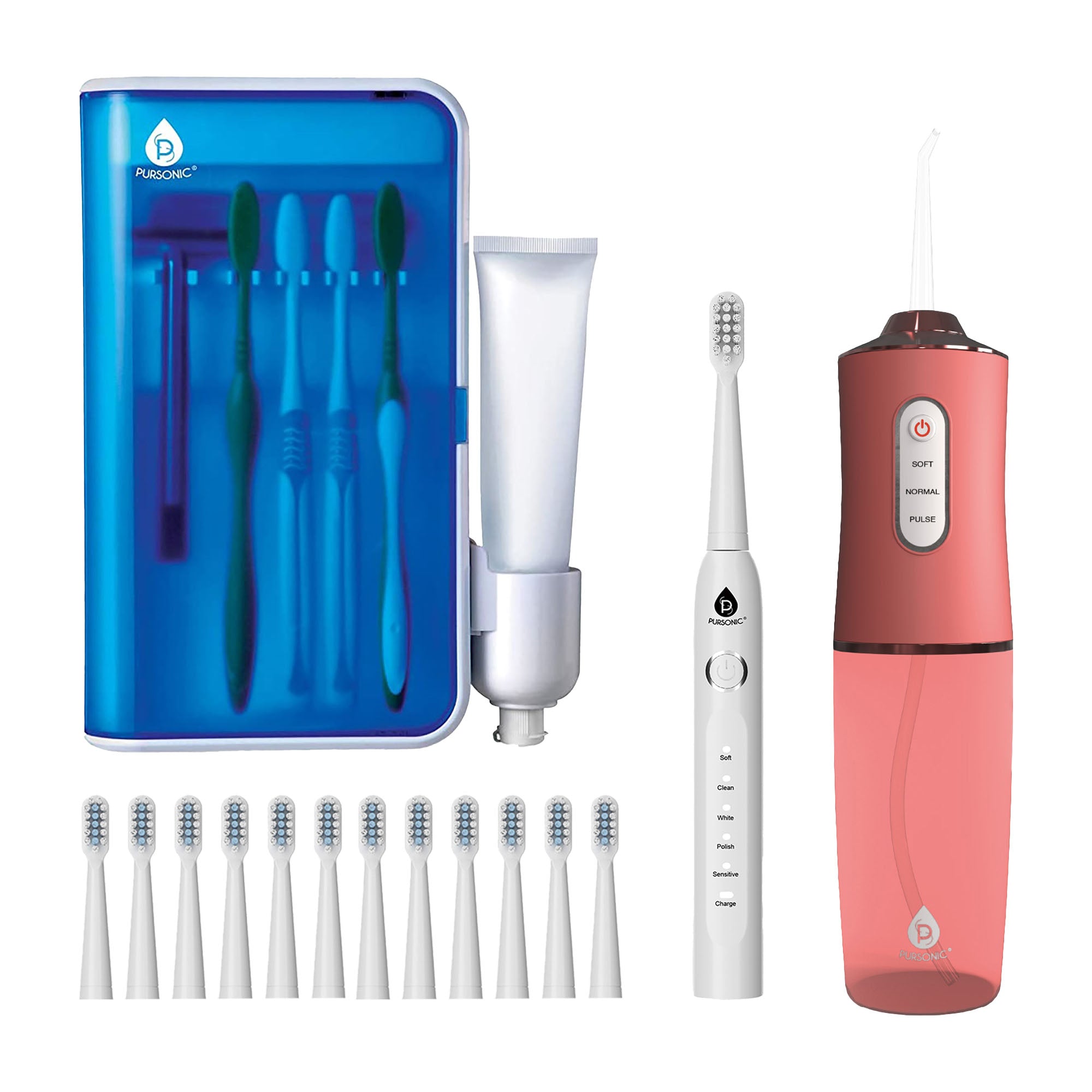 Complete Oral Care Bundle - Sonic Toothbrush + Water Flosser + UV Sanitizer with 12 Brush Heads