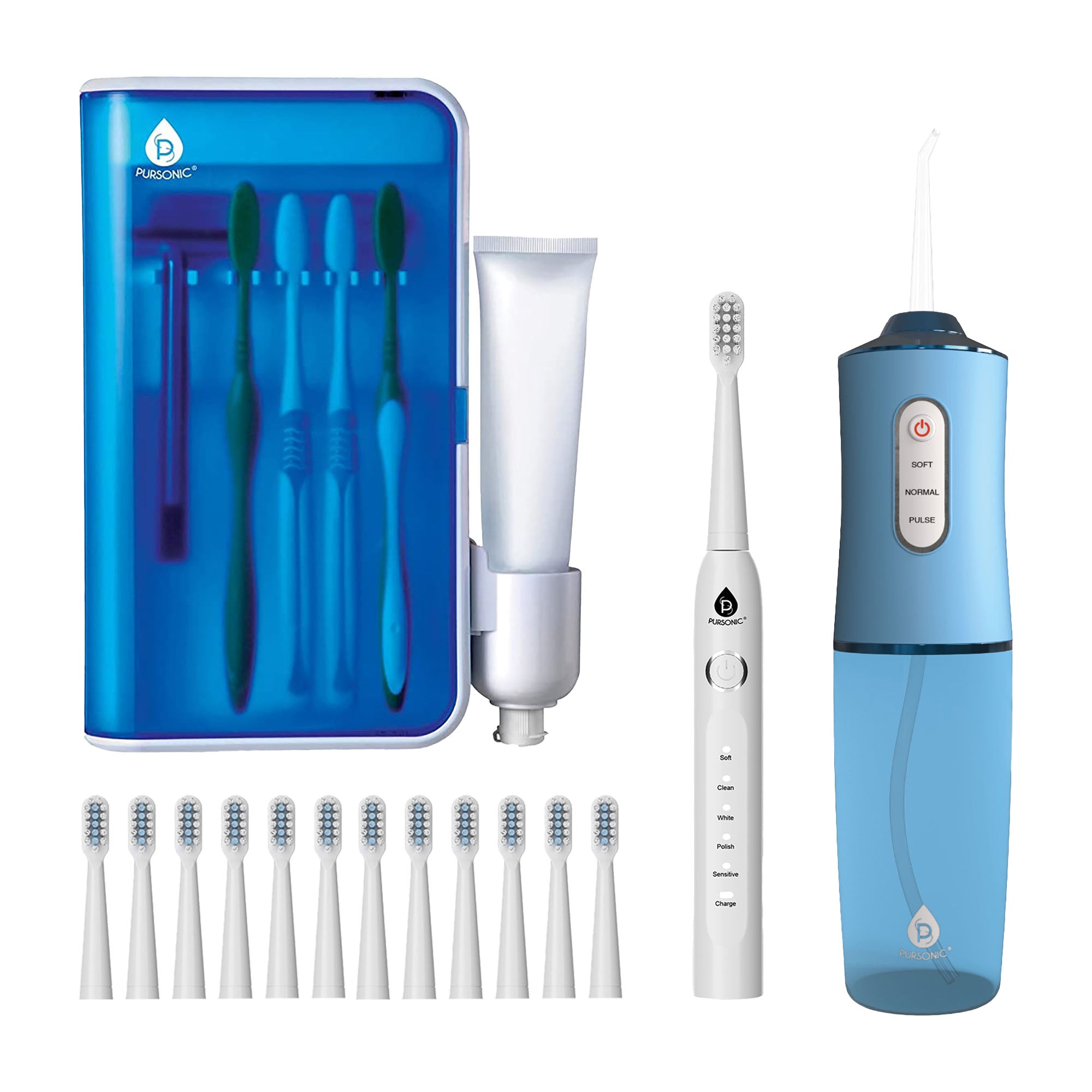 Complete Oral Care Bundle - Sonic Toothbrush + Water Flosser + UV Sanitizer with 12 Brush Heads