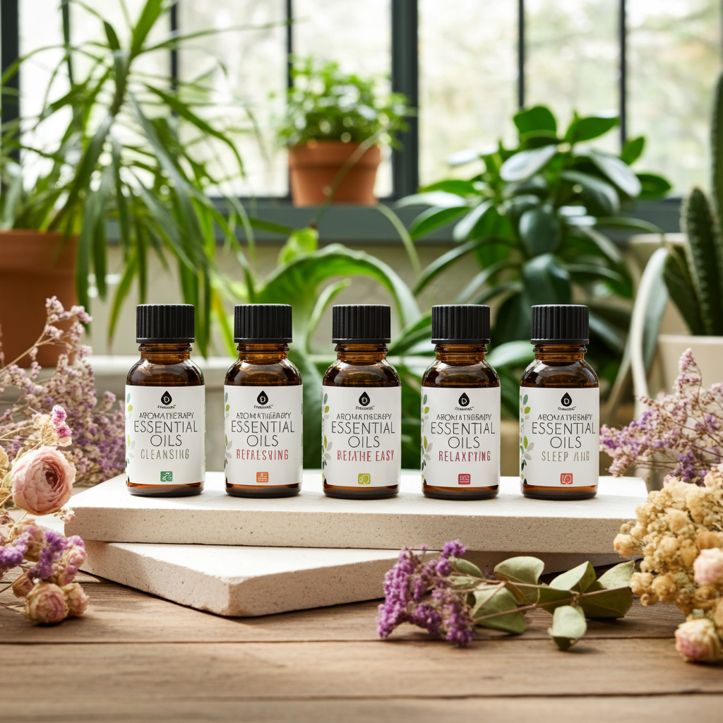 14 essential oils aromatherapy set on stone platform with dried flowers and green plants