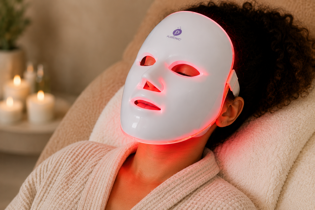 Woman wearing LED light therapy facial mask during relaxation treatment with candles in background