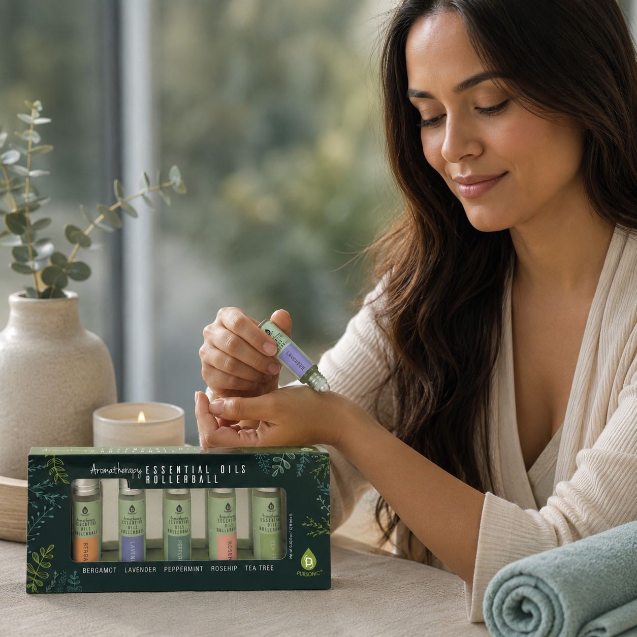 Woman applying aromatherapy essential oils rollerball during relaxation ritual with candle and towel