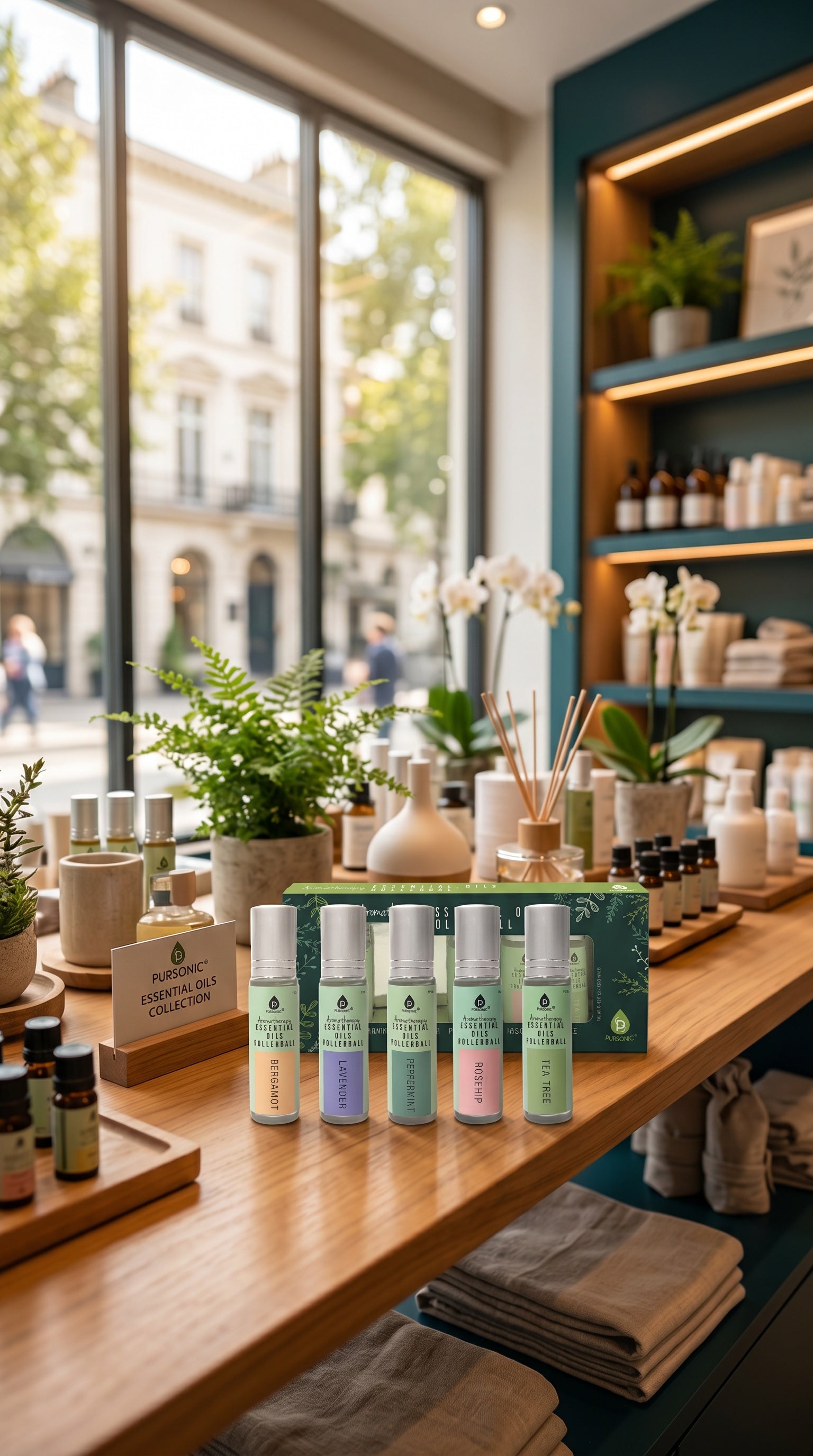 Aromatherapy essential oils rollerball set displayed in luxury wellness store with natural light