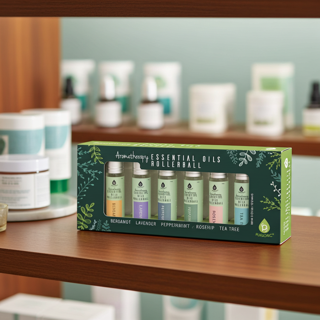 Aromatherapy essential oils rollerball set displayed on wooden shelf in wellness store